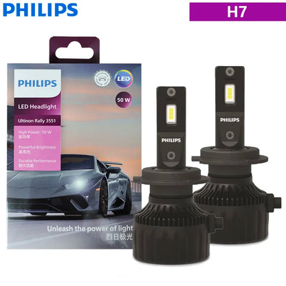 Philips Ultinon Rally 3551 LED H4 H7 H11 HB3 HB4 HIR2 Max Power 50W 4500LM Car Headlight 6500K White Max Lumen Watt LED Bulbs 2X