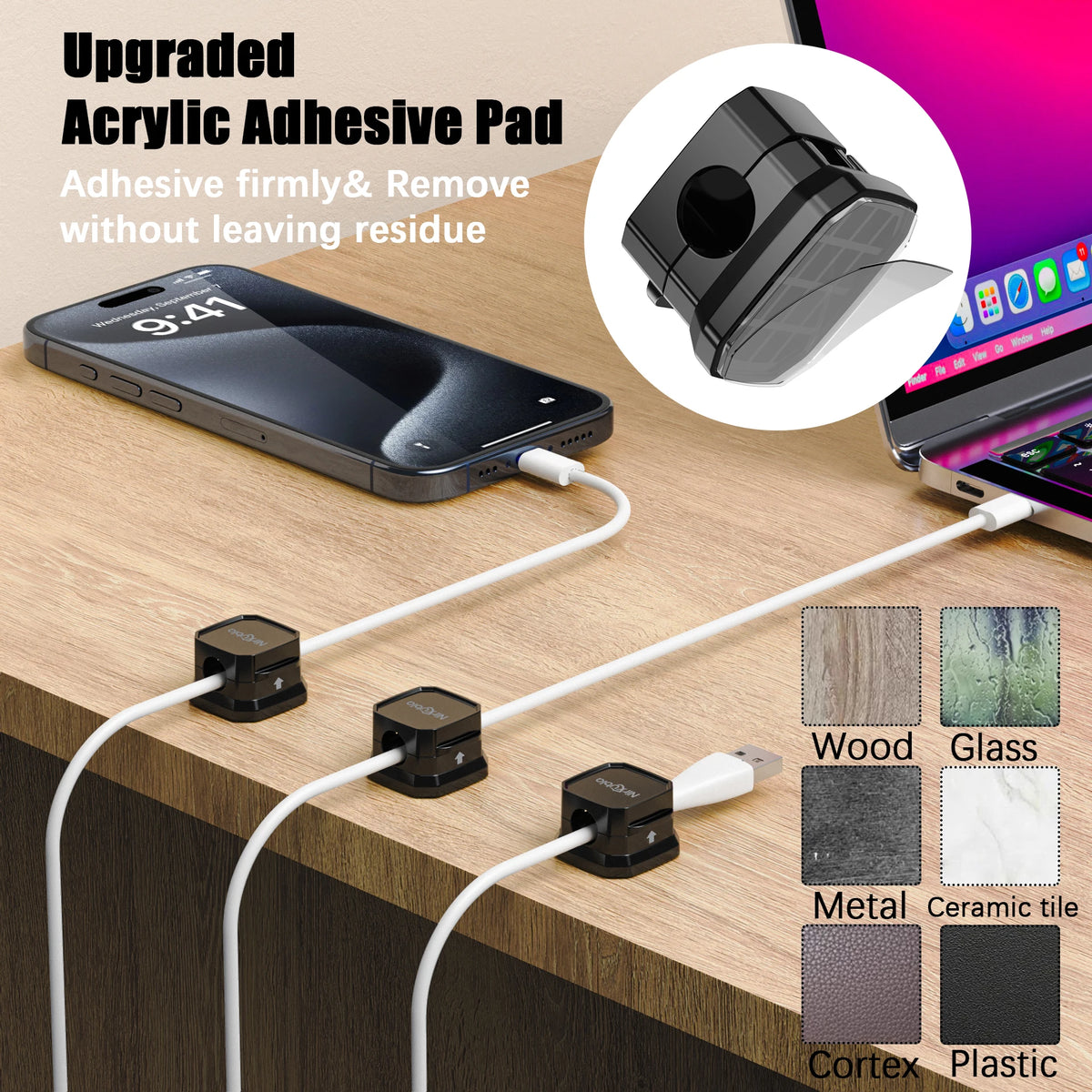 9 Pack Magnetic Cable Clips,Easy to Adjust Cables or Wires,Enhanced Adhesive Wire Holder Keeper Organizer