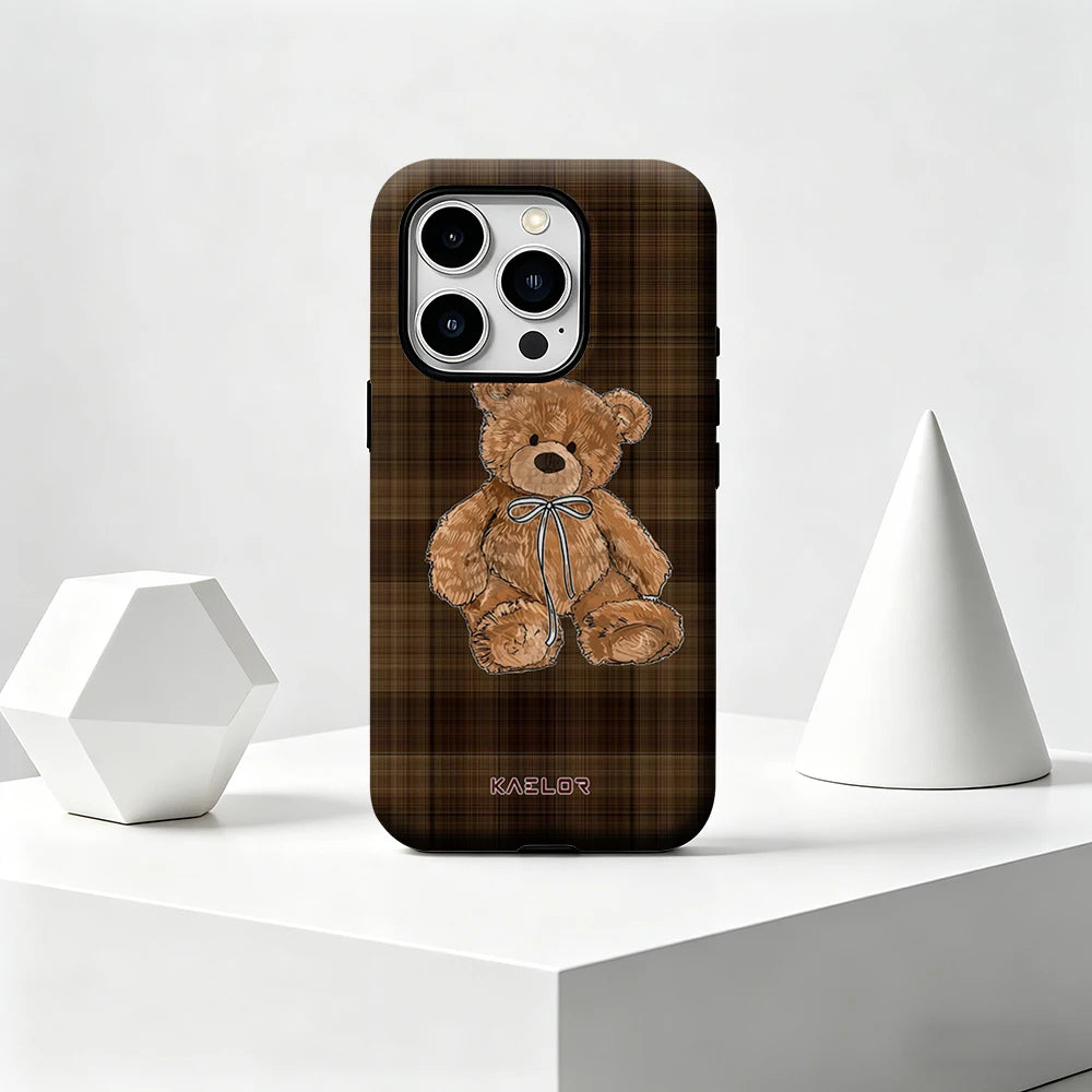 Brown Plaid Teddy Bear Phone Case for IPhone 17 16 15 14 13 Pro Max Plus Single Double-layer tough Shockproof Case