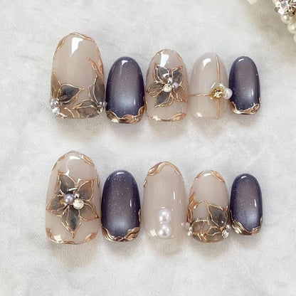 24Pcs Autumn Winter Matte Almond False Nails with Glue Rose Leaf Printing Nail Art Simple Full Cover Press on Acrylic Nails Tips