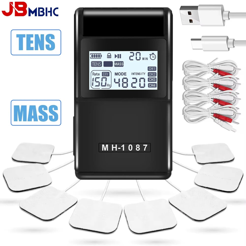 Digital TENS Unit Machine 4-Channel Tens Electrostimulator Rechargeable Body Muscle Stimulator with 20 Intensity for Pain Relief