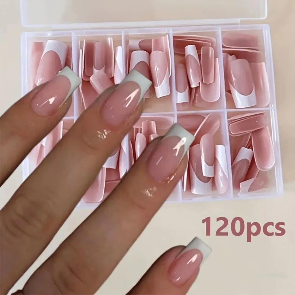 10pcs Handmade Reusable Full Cover Nail Stickers - Square Medium Length French Pointed Pink And White Glossy Press-On Nails