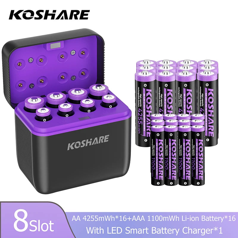 KOSHARE 1.5V AA 4255mWh AAA 1100mWh Rechargeable Lithium Battery Charger Set  With LED Indicator Arc-look Fast Charging Case