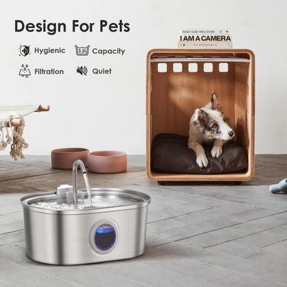 3.2L stainless steel cat water dispenser window has water level, which can be observed, suitable for many cats and dogs