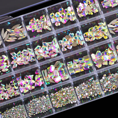 1 Box of Multi -Shaped 3D Nail Diamond Kits -24 AB Crystal Gem Grids, Flat -Bottom Nail Art Accessories Multi -Style Nail Suppli