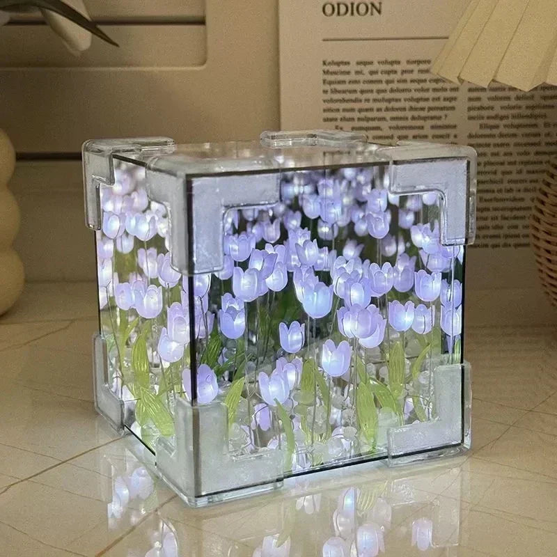Tulip Mirror Cube Lamp Simulation Flower Bedroom Sleeping DIY Table Lamp Handmade Craft Tulips Mirror Night Light Birthday Gift