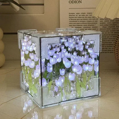 Tulip Mirror Cube Lamp Simulation Flower Bedroom Sleeping DIY Table Lamp Handmade Craft Tulips Mirror Night Light Birthday Gift
