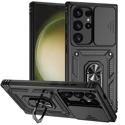 Slide Camera Lens Military Grade Armor Case For Samsung Galaxy S25 Ultra Plus S24FE A16 A06 A26 A36 A56 Holder Ring Stand 2026