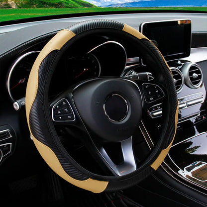 PU Carbon Fiber Leather Car Steering Wheel Cover – 14.5 to 15 Inch