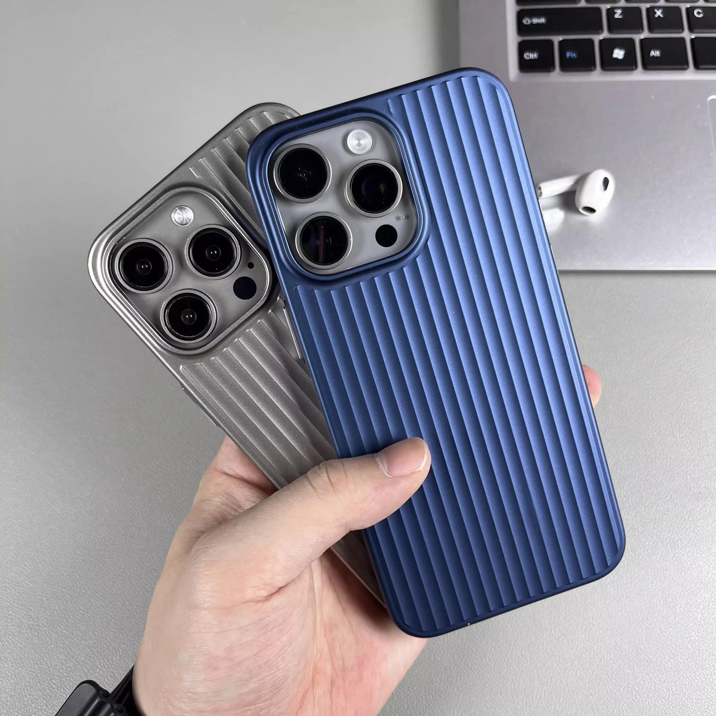 Natural Titanium Grating Stripe Pattern Phone Case for iPhone 16 14 15 13 Pro Max Plus Metal Button Shockproof Hard Armor Cover