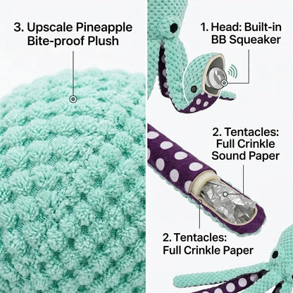 Squeaky Octopus Dog Toy, Pineapple Plush Chew Toy with Squeaker&CrinkleTentacles,InteractiveDentalPuppyToy for Small Medium Dogs