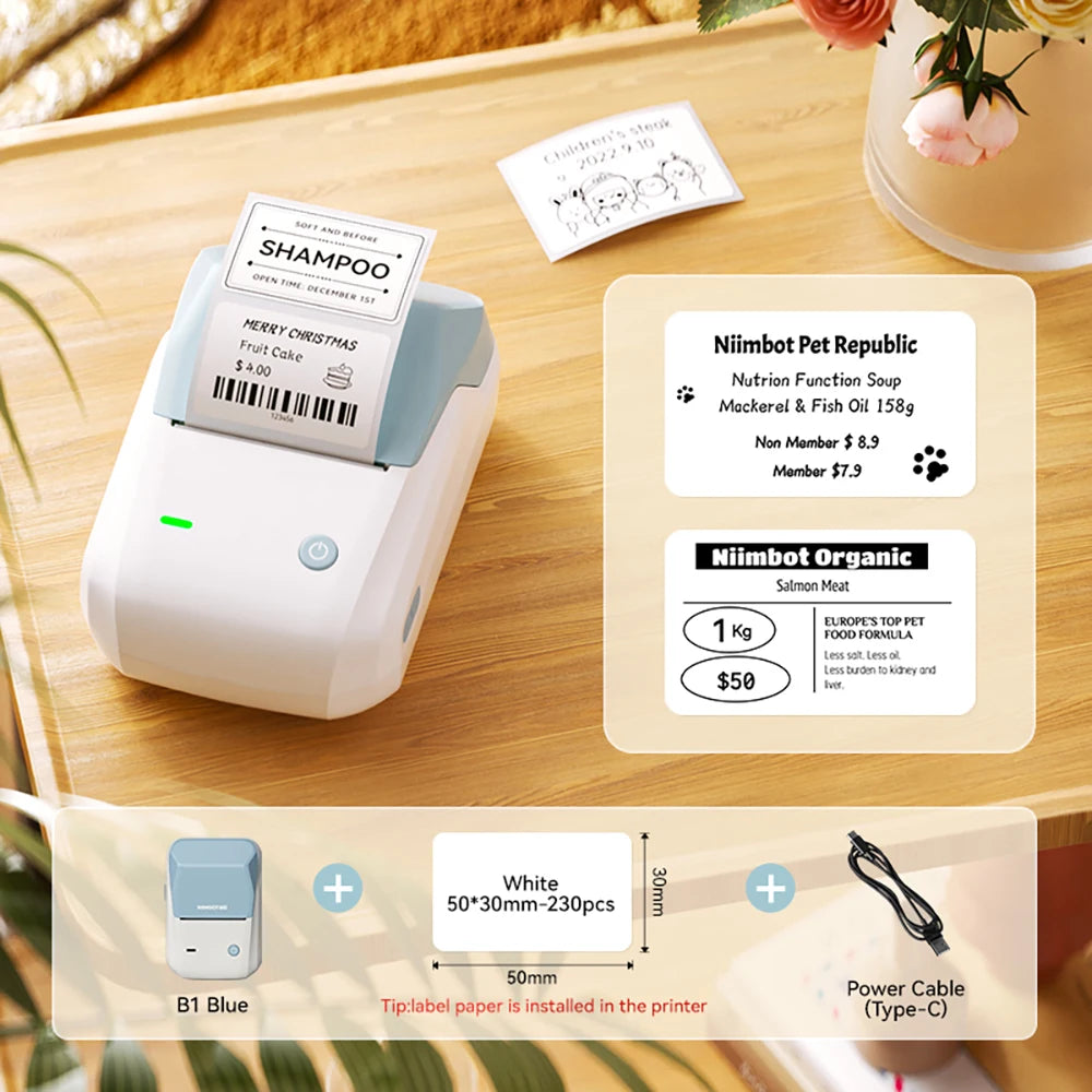 Niimbot B1 Wireless Thermal Label Printer Food Tag Barcode Price Small Business 20-50mm Print Width Label Machine for Home