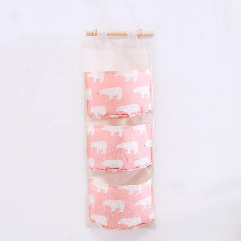 1PC Three Pockets Hanging Wall Storage Bag Household Bedroom Living Room Kitchen Cotton Linen Storage Bag