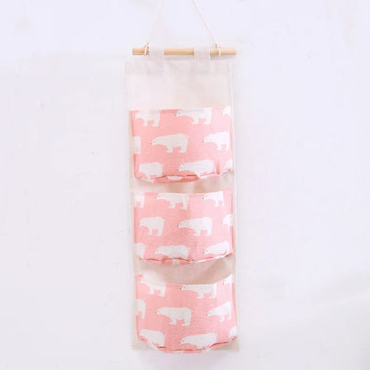 1PC Three Pockets Hanging Wall Storage Bag Household Bedroom Living Room Kitchen Cotton Linen Storage Bag