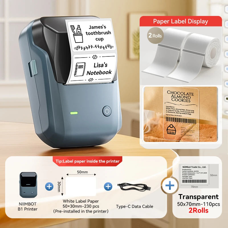 Niimbot B1 Wireless Thermal Label Printer Food Tag Barcode Price Small Business 20-50mm Print Width Label Machine for Home