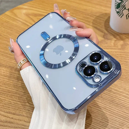 Luxury Plating For Magsafe Magnetic Case For iPhone 17 16 15 14 13 12 11 Pro Max Plus Wireless Charge Cover With Lens Protector