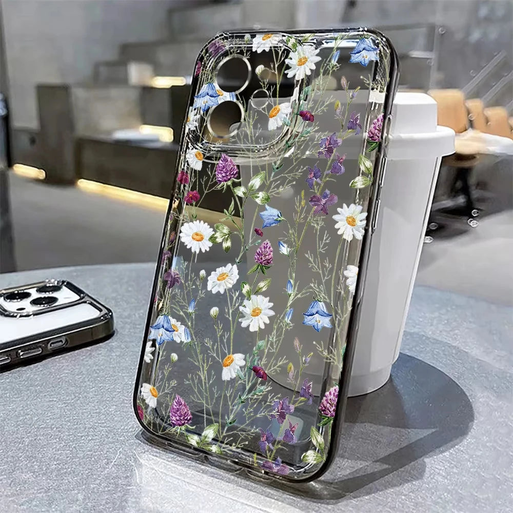 Flower Phone Case For iPhone 16 15 13 11 14 12 17 Pro Max 16E XS XR 7 8 Plus SE Shockproof Transparent Cover Silicone Soft Funda