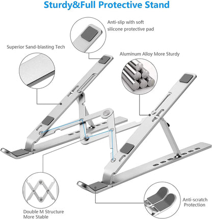 Ergonomic Aluminum Alloy Foldable Laptop Stand, 7 Adjustable Angles, Sand-Blasted Anti-Slip Stable Computer Holder