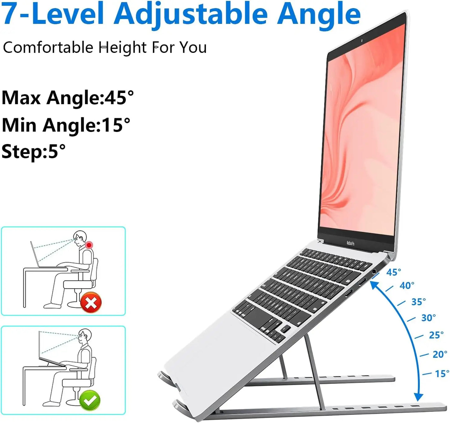 Ergonomic Aluminum Alloy Foldable Laptop Stand, 7 Adjustable Angles, Sand-Blasted Anti-Slip Stable Computer Holder