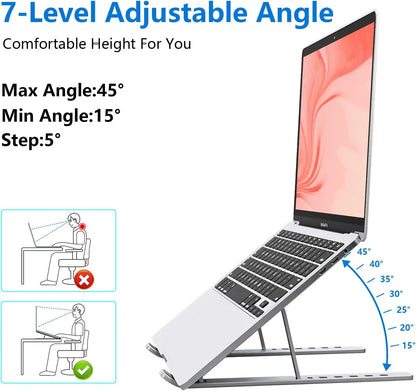 Ergonomic Aluminum Alloy Foldable Laptop Stand, 7 Adjustable Angles, Sand-Blasted Anti-Slip Stable Computer Holder