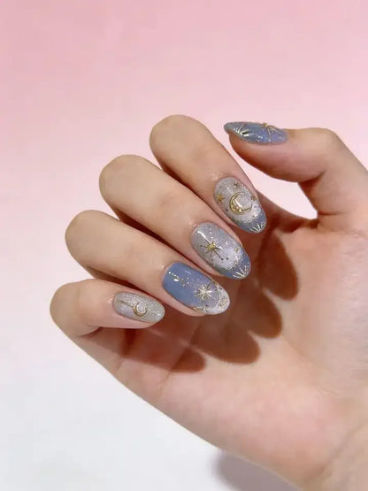 Y2K Romantic Star Gold Moon Sweet Almond Press On Nails 24Pcs Gradient Blue French Self Adhesive Reusable False Nails For Girls Women Daily Nail Art Accessory