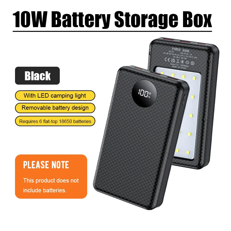 6×18650 Battery Storage Box DIY Power Bank Shell Dual USB-C Output Portable Charging Holder Built-in Camp Light for Mobile Phone