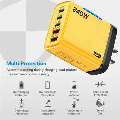 240W 5 Ports GaN Fast USB Charger Multi Port Wall Power Adapter Quick Charge Phone Charger EU US Plug For iPhone Samsung Xiaomi