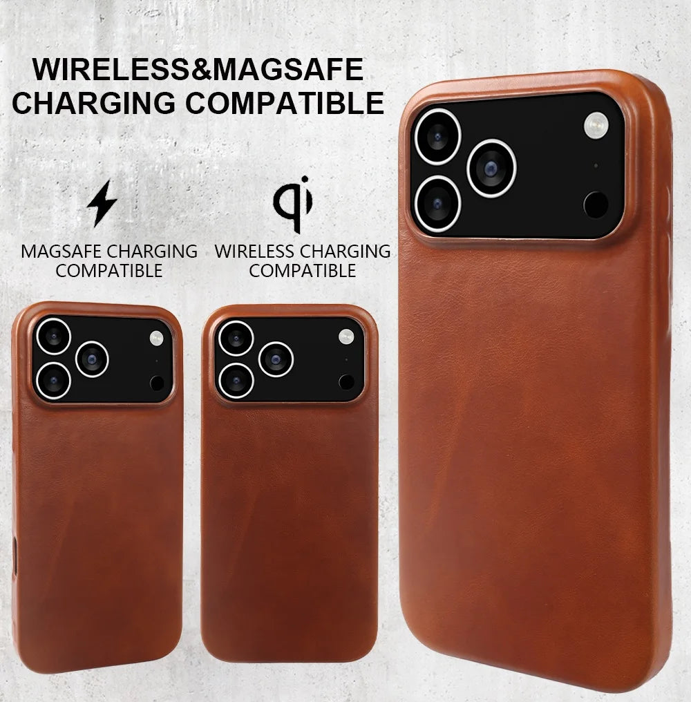 Vintage Oil Wax Full Covered Genuine Leather Case For Iphone 17 Pro Max 16 15 14 13 12 11 for Magsafe Magnetic Phone Cover Cases