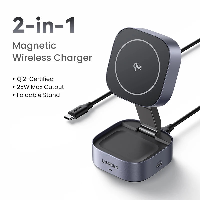 UGREEN Qi2.2 25W 15W 2-in-1 Magnetic Wireless Charger Stand Fast Charging Stand Charger For iPhone 16 17/AirPods Magflow Charger