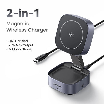 UGREEN Qi2.2 25W 15W 2-in-1 Magnetic Wireless Charger Stand Fast Charging Stand Charger For iPhone 16 17/AirPods Magflow Charger