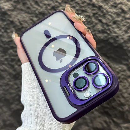 Luxury Magnetic Shockproof Phone Case For iPhone 16 15 14 13 12 11 Pro Max Plus Pro Funda Stand Glass Lens Protection Back Cover