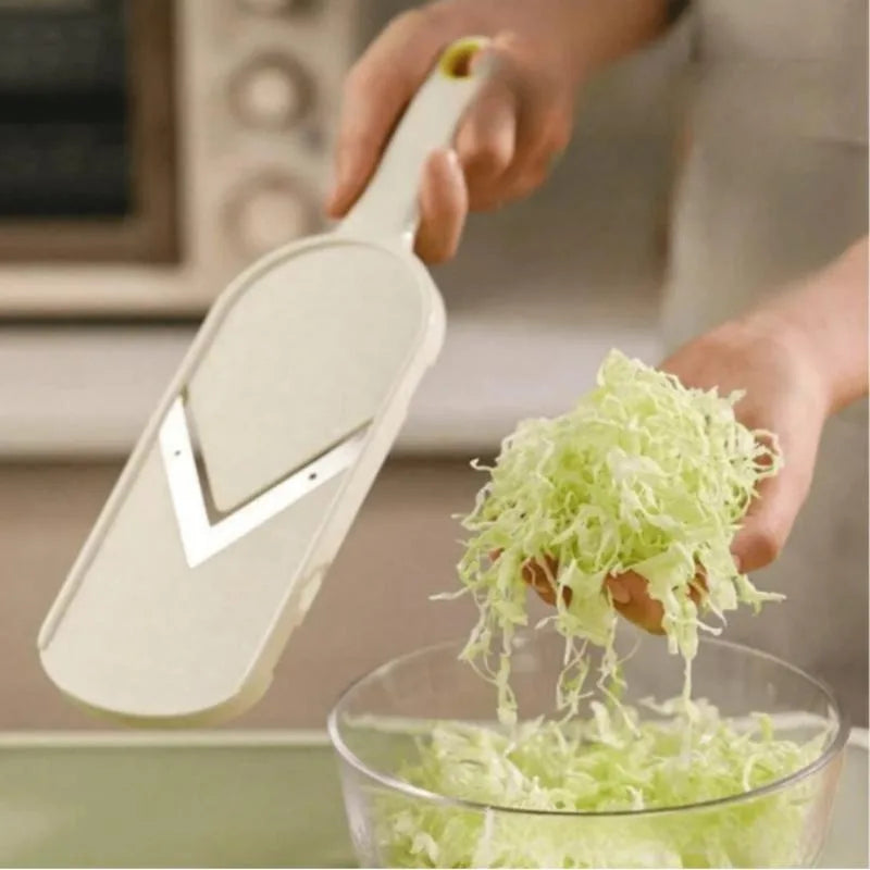 Multi Handheld Mandoline Slicer - Stainless Steel V Blade, with Cleaning Brush, Comfort Grip, Easy to Clean, for Kitchen, Vegetable Chopper, Fruit, Cheese Grater, Potato Chips Slicer (White)