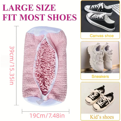 Machine washable shoe washing and drying bag, soft fiber—durable polyester shoe cover, adjustable shoelaces, durable shoe washin