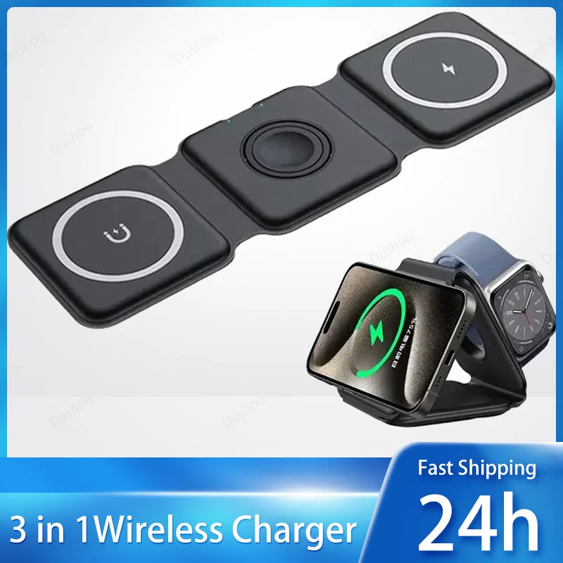 3-in-1 Magnetic Portable Wireless Charger Pad Fast Charging Dock For iPhone 17 16 Pro Max Apple Watch 9 8 AirPods Charge Station