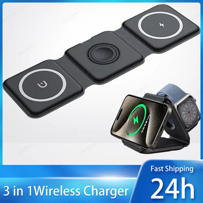 3-in-1 Magnetic Portable Wireless Charger Pad Fast Charging Dock For iPhone 17 16 Pro Max Apple Watch 9 8 AirPods Charge Station