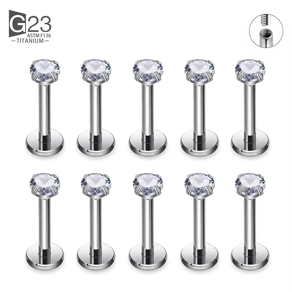 10Pc/50Pc G23 Titanium Labret Studs – Square CZ Stone Cartilage, Tragus, and Lip Piercing, Threaded Body Jewelry