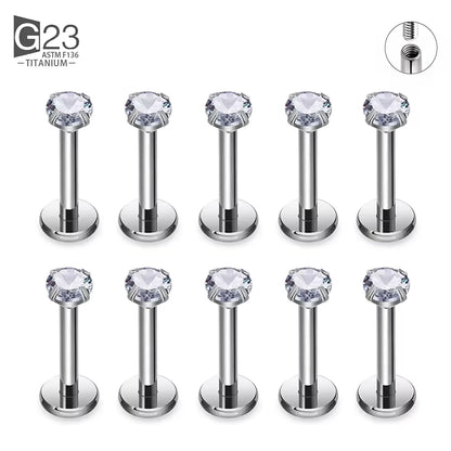 10Pc/50Pc G23 Titanium Labret Studs – Square CZ Stone Cartilage, Tragus, and Lip Piercing, Threaded Body Jewelry