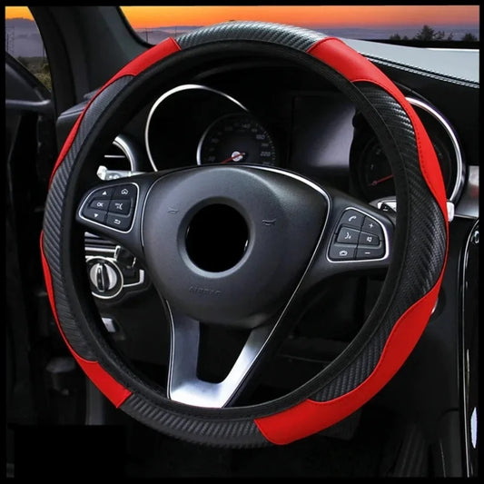 37-38cm Carbon Fiber Style PU Leather Steering Wheel Cover Universal Anti Slip Breathable for Car Interior Decoration