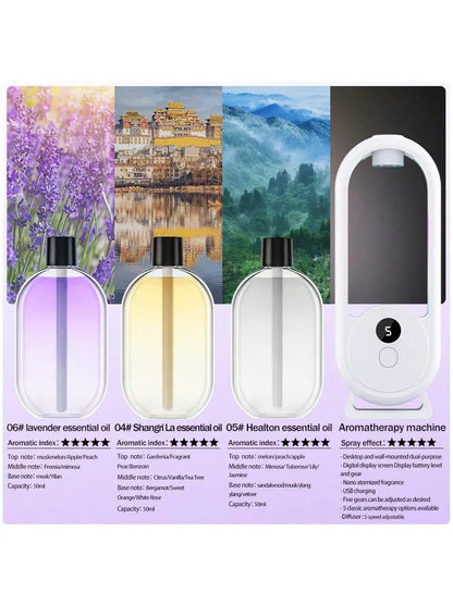 Rechargeable portable aromatherapy diffuser diffuser machine, aromatherapy essential oil, refreshing agent, deodorizer, 5-speed