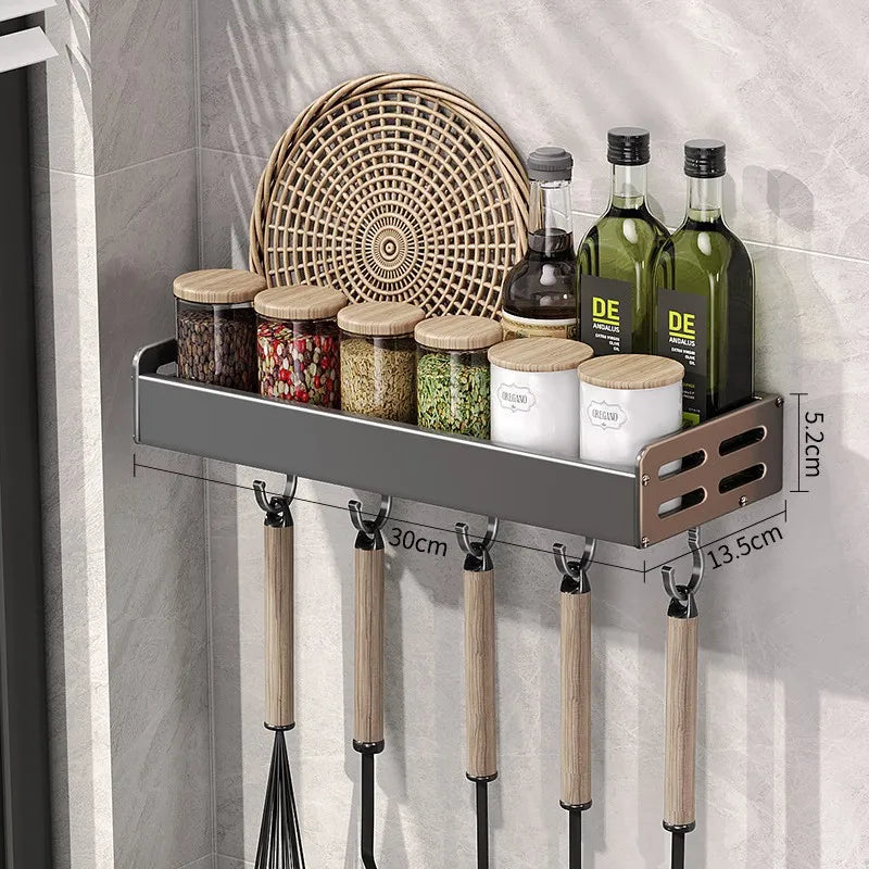 Gunmetal Space Aluminum No-Drill Wall Mounted Kitchen Storage Rack - Multi-Functional Organizer for Spice Jars and Knives