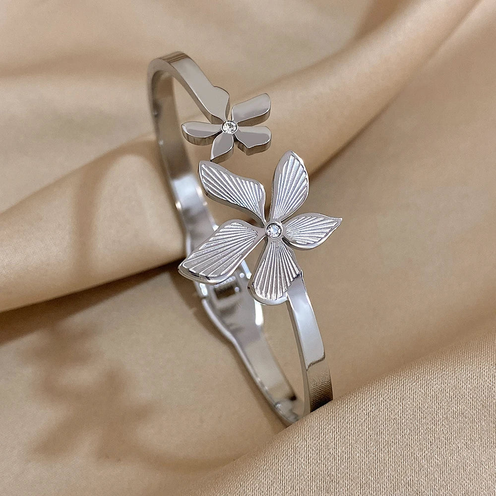 Greatera Stainless Steel Double Flower Cuff Bracelet – Gold Color Waterproof