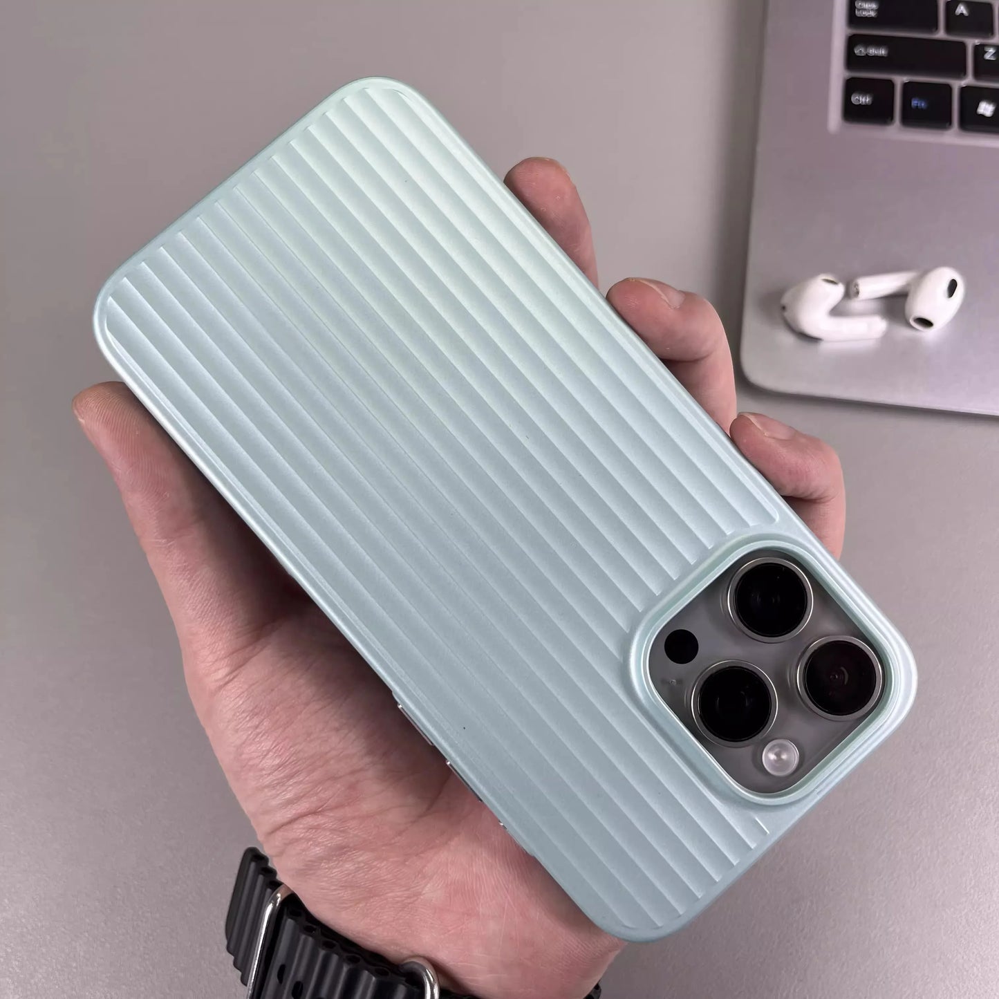 Natural Titanium Grating Stripe Pattern Phone Case for iPhone 16 14 15 13 Pro Max Plus Metal Button Shockproof Hard Armor Cover