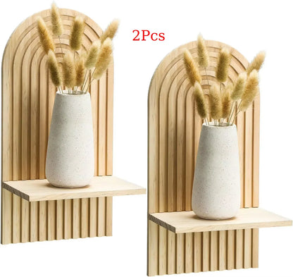 1Pc Boho Style Wooden Wall Shelves - Geometric Wall Mounted Shelves, Natural Wood Finish, Modern Home Decor, Plant Decorative