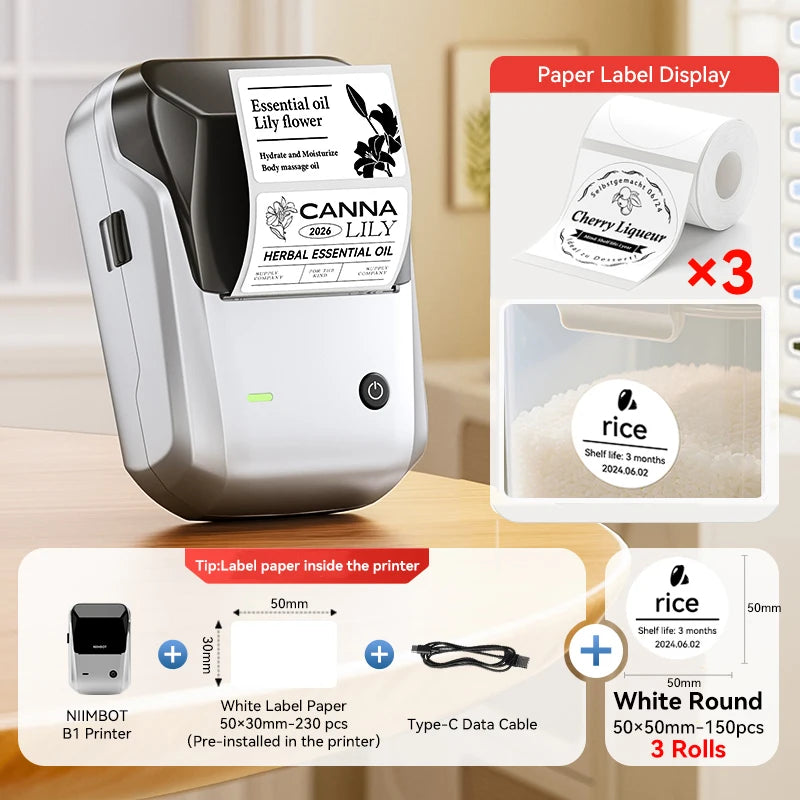 Portable Niimbot B1 Wireless Label Maker Adhesive Sticker Printer Labeling Machine DIY 20-50mm Labels for Office Home