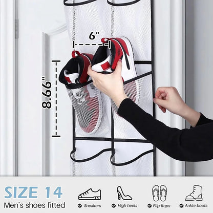 12 Pockets Over the Door Shoe Organizer Large Mesh Pockets With 2 Hooks Transparent Fabric Shoe Rack Storage Bag For Bedroom