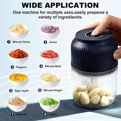 Electric Garlic Chopper, Mini Portable Veggie Chopper, 250ML Garlic Grinder Masher Onion Grinder, Blender to Vegetable, Wireless Food Processor for Ginger, Chili, Fruit, Meat, etc
