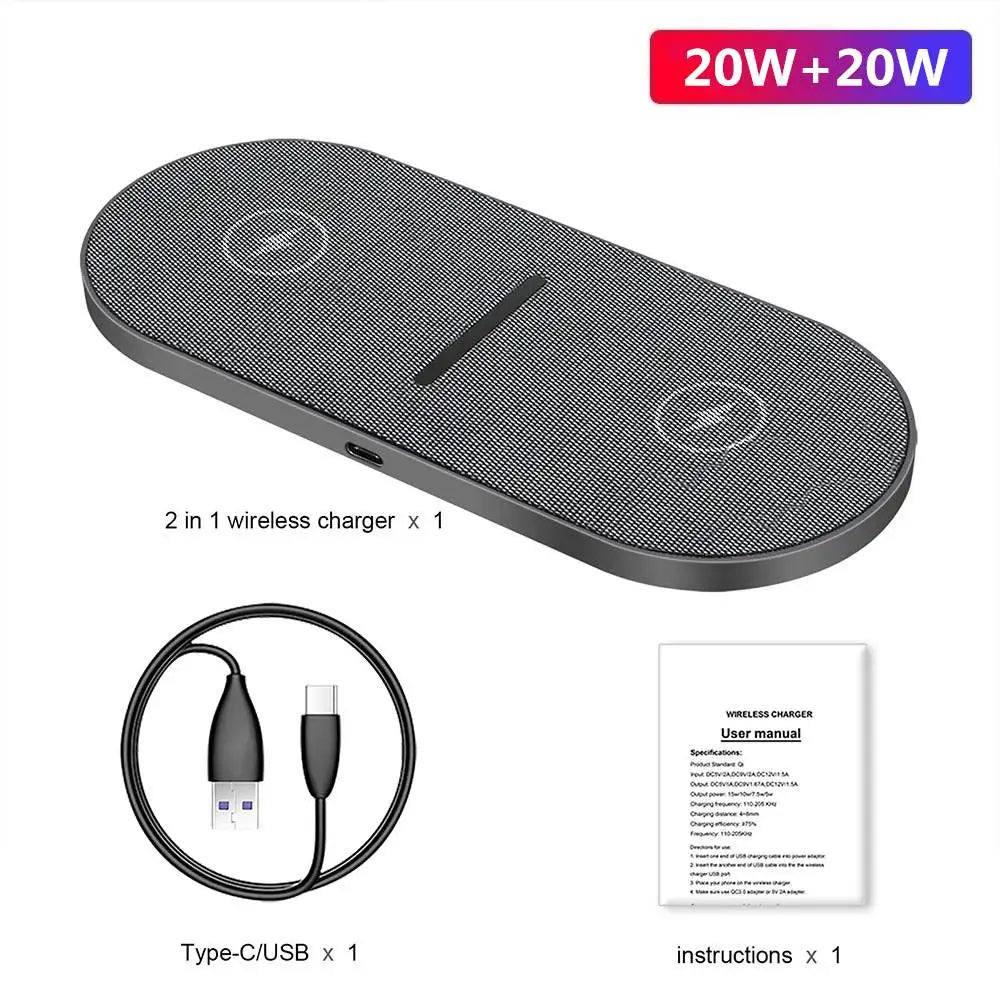 40W Wireless Charger for iPhone 15 14 13 12 11 Pro XS AirPods Pro Dual 20W 2 in 1 Fast Charging Dock Station For Samsung S23 S24