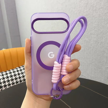 PC Magnetic Frosted Transparent Phone Case with Lanyard For Google Pixel 10 9 8 Pro XL 9a 8a For Magsafe Matte Translucent Cover