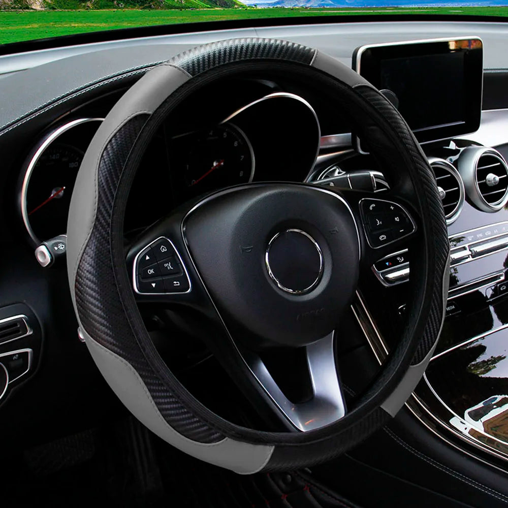 PU Carbon Fiber Leather Car Steering Wheel Cover – 14.5 to 15 Inch