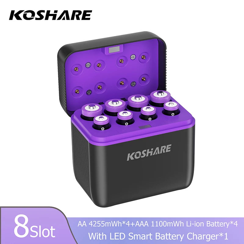 KOSHARE 1.5V AA 4255mWh AAA 1100mWh Rechargeable Lithium Battery Charger Set  With LED Indicator Arc-look Fast Charging Case